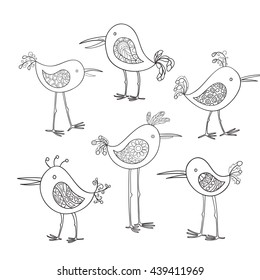 Set of hand-drawn funny birds. Vector graphics. Adult coloring book .