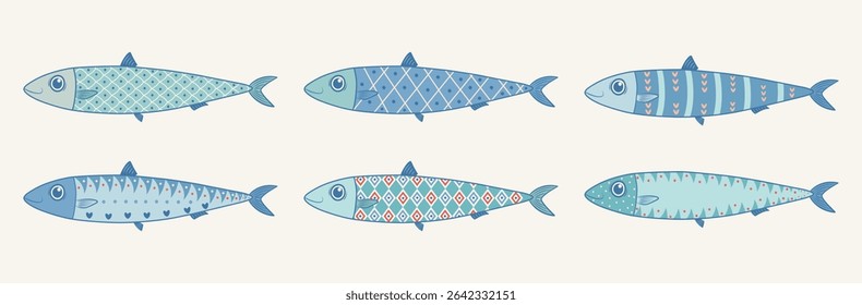 Set of hand-drawn funny sardine icons. Cute and quirky Mediterranean fish. Great for packaging, menus, and seafood branding. Vector illustration.