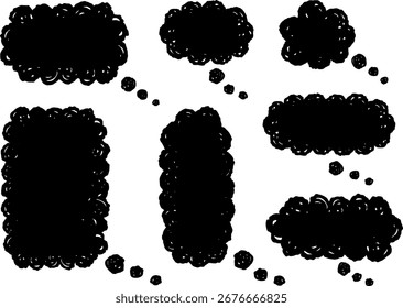 Eine Reihe handgezeichneter, unscharfer Sprechblasen. Schwarze Sprechblasen. Eine Reihe von Sprechblasen für Sorgen und Gedanken.