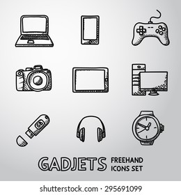 Set of handdrawn GADGET icons with - notebook, phone, gamepad, photo camera, tablet, pc, flash card, headphones, watches. Vector