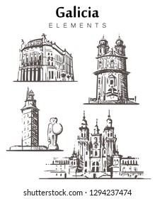 Set of hand-drawn Galicia buildings. Galicia elements sketch vector illustration.Santiago de Compostela, Galicia,Tower of Hercules,the Theater Garcia Barbon