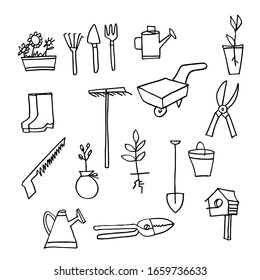 a set of hand-drawn garden tools. Doodle illustration. vector