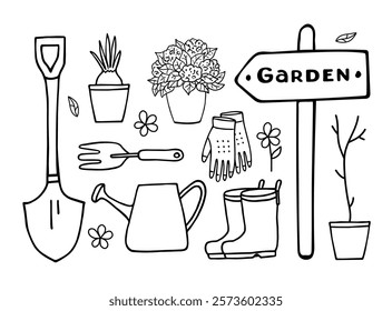 Set of hand-drawn gardening items. Potted flowers, gardening tools for spring work, gloves and a garden pointer. Vector linear doodle illustration in doodle style. Suitable for coloring, printing.