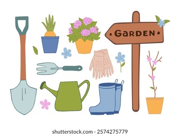 Set of hand-drawn gardening items. Potted flowers, gardening tools for spring work, gloves and a garden pointer. Vector lcolored doodle illustration in flat style. Suitable for  printing