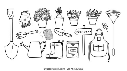 Set of hand-drawn gardening items. Potted flowers, gardening tools for spring work, gloves and a garden pointer. Vector linear doodle illustration in doodle style. Suitable for coloring, printing.