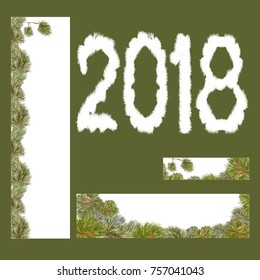 Set of hand-drawn garlands in a vector from New Year tree branches for decorating a banner of vertical and horizontal,  silhouette figures of the numbers 2018 in form silhouette of Christmas fir