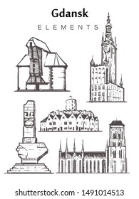 Conjunto de edificios Gdansk dibujados a mano, elementos Gdansk esbozan ilustración vectorial. Iglesia de María Virgen, Puerta Crane, Ayuntamiento principal, Weichselmünde.