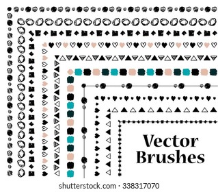 Set of hand-drawn geometric ink brushes with inner and outer corner tiles. Vector illustration.