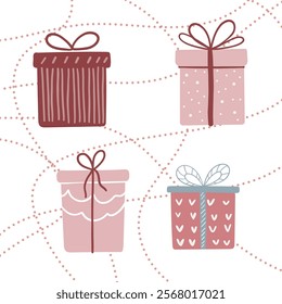 Set of hand-drawn gift boxes with hearts, ribbons