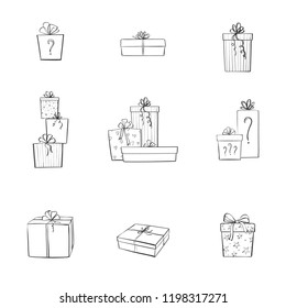Set of hand-drawn gift icons. Isolated boxes of different shapes and compositions from them.