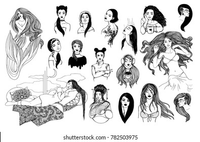 set of hand-drawn girls. Vector illustration