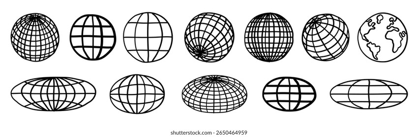 Conjunto De Iconos De Globo Dibujado A Mano. World Planet Earth Comic Dibujó Señales.