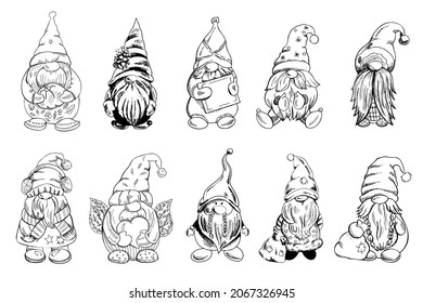 A set of hand-drawn gnomes for the New Year, Valentine's Day, Halloween. Vintage vector illustration. New Year, and Christmas illustration.  New Year, Valentine's Day, Halloween illustration.