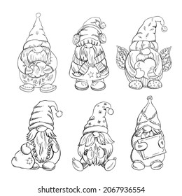 A set of hand-drawn gnomes for the New Year, Valentine's Day, Halloween. Vintage vector illustration. New Year, and Christmas illustration.  New Year, Valentine's Day, Halloween illustration.