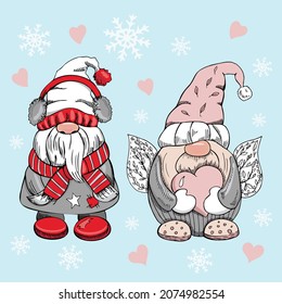 A set of hand-drawn gnomes for the New Year, Christmas and Valentine's day. Vintage vector illustration. New Year, Christmas and Valentine's day illustration. 