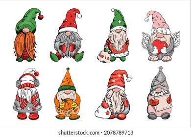 A set of hand-drawn gnomes for the New Year, Valentine's Day, Halloween. Vintage vector illustration. New Year, and Christmas illustration.  New Year, Valentine's Day, Halloween illustration.