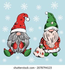 Un conjunto de gnomos dibujados a mano para Año Nuevo y Navidad con copos de nieve en un fondo azul. Ilustración vectorial vintage. Año Nuevo e ilustración de Navidad.  