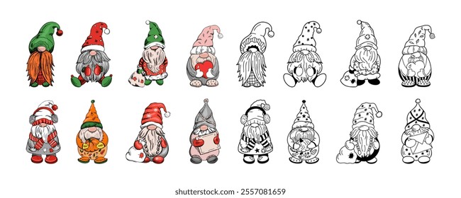 A set of hand-drawn gnomes for the New Year, Valentine's Day, Halloween. Vintage vector illustration. New Year, and Christmas illustration.  New Year, Valentine's Day, Halloween illustration.