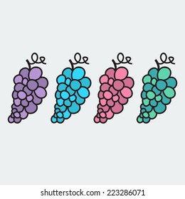 set of hand-drawn grape - illustration on the theme of the summer and autumn - farm, fruit, natural. Pink, green, blue and violet sweet and tasty grapes. 