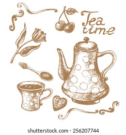 Set of hand-drawn graphic design elements, tea theme