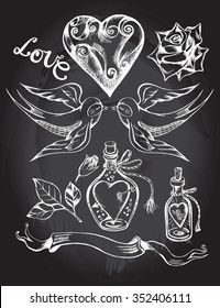 Set of hand-drawn graphic romantic elements. Design concept of Valentine's Day. Vector illustration.