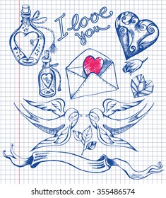 Set of hand-drawn graphic romantic elements on notebook sheet. Design concept of Valentine's Day. Vector illustration.
