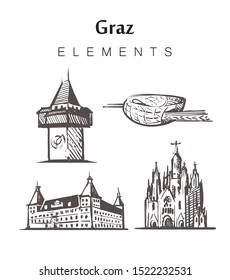 Set of hand-drawn Graz buildings, elements sketch vector illustration. Schlosberg Castle, Eggenberg Castle, Murinsel, Church Of The Heart Of Christ.