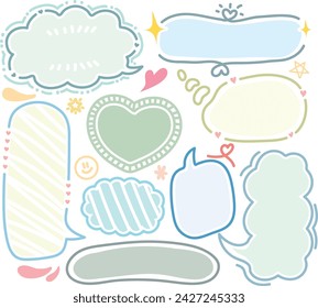 Set of hand-drawn green blue color style speech bubbles Cute memo with blank to text. Collection of doodle lettering speech box.Colorful dialog frame in flat design for short message.Sticker for chat