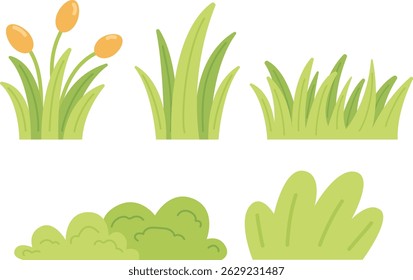 A set of hand-drawn green bushes in cartoon style, flat vector design. Perfect for decorating landscape scenes on a white background.