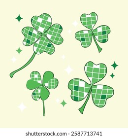 A set of hand-drawn green coquette shamrock with a checkered disco-inspired design, perfect for festive and stylish themes. Perfect for st. patrick's day themed projects.