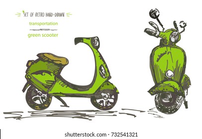 Set of hand-drawn green scooters. Ink brush sketch. Vector illustration