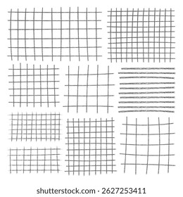 Set hand-drawn grids for notes. Square mesh and stripes pattern. Geometric checkered design with pencil lines and strokes. 