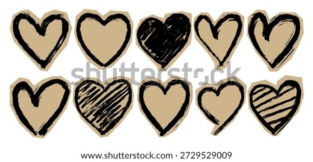 set of hand-drawn grunge hearts on brown scrapbook paper. vintage ink sketches and rustic heart shapes for diy crafts, journaling elements, and retro romantic designs