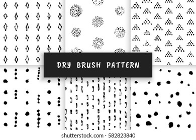 Set Hand-drawn grunge pattern with a dry brush. Seamless pattern made of geometric shapes, strokes and spots. Vector background can be used in printing, fabric, packaging, fashion, wraping.