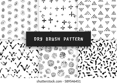 Set Hand-drawn grunge pattern with a dry brush. Seamless pattern made of geometric shapes, strokes and spots. Vector background can be used in printing, fabric, packaging, fashion, wraping.