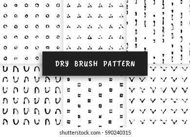 Set Handgezeichnetes Grunge-Muster mit einem trockenen Pinsel. Nahtloses Muster aus geometrischen Formen, Strichen und Flecken. Vektorhintergrund kann in Druck, Stoff, Verpackung, Mode, Wraping verwendet werden.