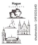 Set of hand-drawn Hague buildings,  Hague elements sketch vector illustration. Sculptures on the sea, Beelden aan zee, Knight