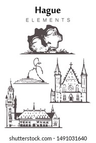 Set of hand-drawn Hague buildings,  Hague elements sketch vector illustration. Sculptures on the sea, Beelden aan zee, Knight's Hall, Palace of Peace.