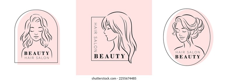 Set of hand-drawn hair salon logotypes. Stylized line-art female portraits with closed eyes and different hairstyles. Logo for business in the beauty, health, personal care industry.