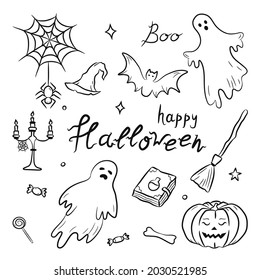 Set of hand-drawn Halloween doodles and lettering. Happy halloween, ghost, pumpkin, web, spider, wood, bat, witch hat. Great design for any purpose. Vector illustration. 