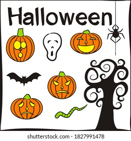 Set of hand-drawn Halloween elements isolated on white background. Halloween icons in doodle style. Curved pumpkins, spider, bat, worm, magic tree, screaming skull. Vector illustration