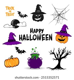 set of hand-drawn Halloween illustrations. Includes pumpkins, bats, witches hats, a cauldron, a spooky tree, and more