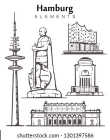 Set of hand-drawn Hamburg buildings elements sketch vector illustration. The Elbe Philharmonic hall,planetarium, monument to Otto von Bismarck, Kunsthalle, tv tower.