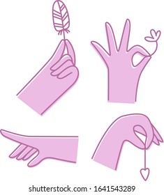 A set of hand-drawn hands in different positions. Vector illustration of icons. Hands in rubber gloves for cleaning the house