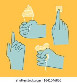 A set of hand-drawn hands in different positions. Vector illustration of icons. Hands in rubber gloves for cleaning the house