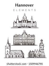 Set of hand-drawn Hannover buildings, elements sketch vector illustration. New and Old town hall, Market Church, St. Aegidius Church.