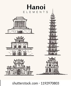 Set of hand-drawn Hanoi buildings.Hanoi sketch vector illustration.Hoan Kiem Lake,The tomb of Emperor Tu Duc, Chua Thien Mụ,Ho Chi Minh Mausoleum,Hanoi citadel,Forbidden purple city Tu Cam Thanh.