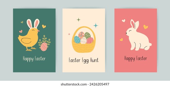 Set of hand-drawn Happy Easter vertical backgrounds. Greeting card with chicken, bunny and leaves in doodle style. Egg hunt template for social media with basket filled colorful patterned eggshells.