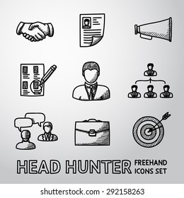 Set of handdrawn Head Hunter icons with - handshake, resume, mouthpiece, choice, employee, hierarchy, interview, portfolio, target with arrow in center. Vector