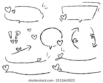 Set of hand-drawn heart decorations, 
speech bubble, arrows, and decorative lines